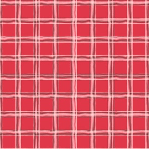 (S) Hand-drawn Plaid - Thin Line Cottage Core Windowpane Check - cream on bright red