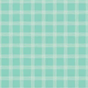 (S) Hand-drawn Plaid - Thin Line Cottage Core Windowpane Check - cream on aqua