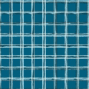 (S) Hand-drawn Plaid - Thin Line Cottage Core Windowpane Check - cream on denim blue