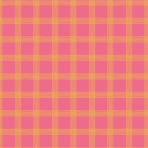 (S) Hand-drawn Plaid - Thin Line Cottage Core Windowpane Check - yellow on pink