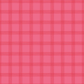 (S) Hand-drawn Plaid - Thin Line Cottage Core Windowpane Check - bright red on hot pink