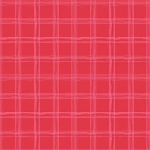 (S) Hand-drawn Plaid - Thin Line Cottage Core Windowpane Check - pink on bright red