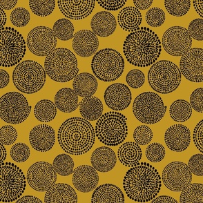 (Small) Boho Circles and Spirals Made of Brush, Black on Mustard Yellow Background 