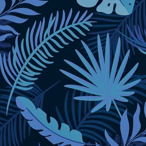 Blue Monstera And Palm Leaf Art Midnight Blue Large Scale