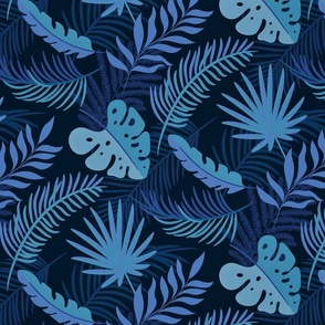 Blue Monstera And Palm Leaf Art Midnight Blue Medium Scale