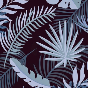 Blue Monstera And Palm Leaf Art Indigo Navy Blue Large Scale