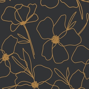 Minimalist Boho Flowers | Jumbo Scale | Cracked Pepper Black, Gold | non directional floral line art