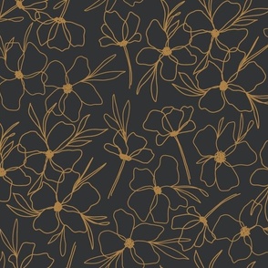 Minimalist Boho Flowers | Large Scale | Cracked Pepper Black, Gold | non directional floral line art