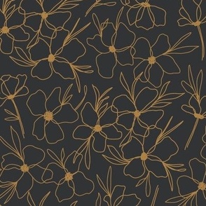 Minimalist Boho Flowers | Medium Scale | Cracked Pepper Black, Gold | non directional floral line art