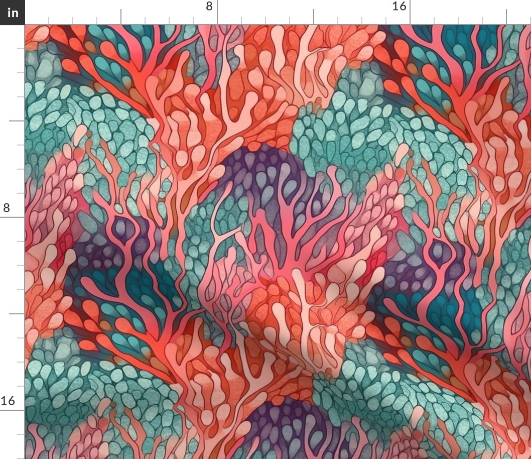 Coral Pattern Under Water Nautical Theme,  Coral Ocean Beach Coral Pattern, Nautical Beach Pattern Fabric Summer Fabric Teal Orange Green Blue Abstrac