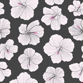 Medium Tropical Hawaiian Hibiscus Flowers in Black and White