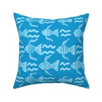 FISHES & WAVES | 24" | Whimsical Waves and Quirky Fishes Block Print on marine blue