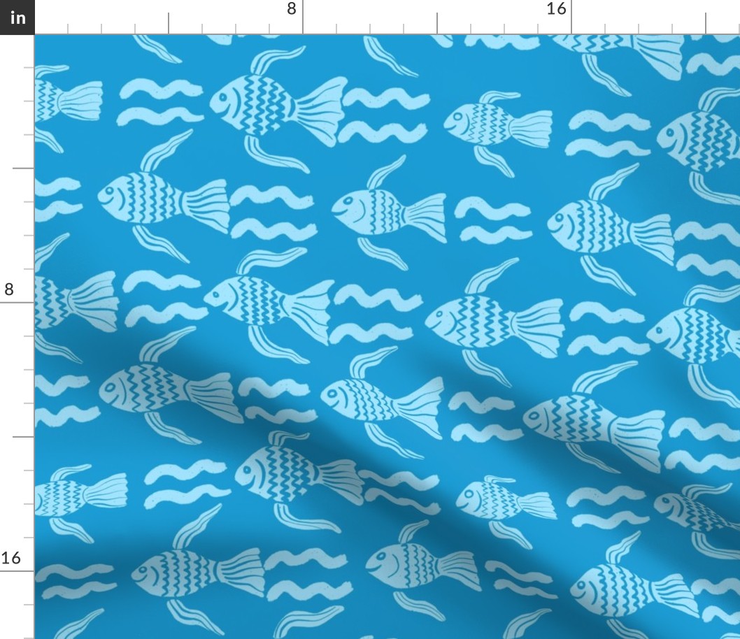 FISHES & WAVES | 24" | Whimsical Waves and Quirky Fishes Block Print on marine blue