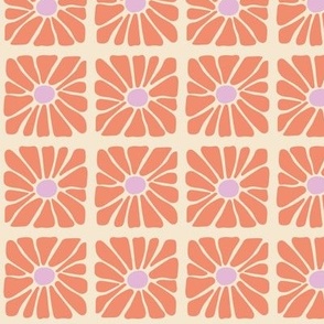 August Dream Flower Garden - Summer retro flowers plaid crochet style flower checker seventies design orange cream