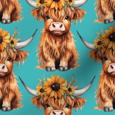 Large Highland Cow with Sunflowers Blue