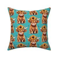 Large Highland Cow with Sunflowers Blue