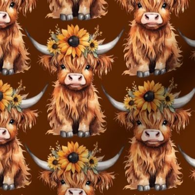 Medium Highland Cow with Sunflowers Brown