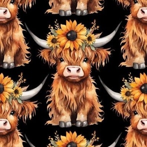 Large Highland Cow with Sunflowers Black