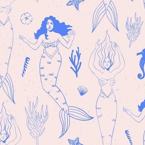 Fourth of July Mermaids in Blue Line Art