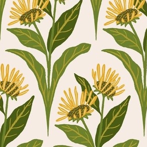 Elecampane Flowers and Leaves Geometric Floral - Cream, Green, and Yellow - Large Scale - Retro Hand-Drawn Medicinal Herb Design in with Vintage 70s Vibes