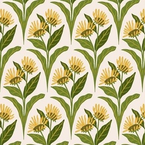 Elecampane Flowers and Leaves Geometric Floral - Cream, Green, and Yellow - Medium Scale - Retro Hand-Drawn Medicinal Herb Design in with Vintage 70s Vibes