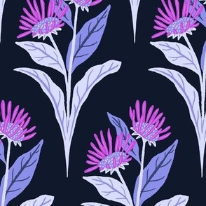 Elecampane Flowers and Leaves Geometric Floral - Orchid Purple - Large Scale - Retro Hand-Drawn Medicinal Herb Design in Vibrant Modern Colors with a Vintage Aesthetic