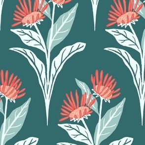 Elecampane Flowers and Leaves Geometric Floral - Teal and Orange - Large Scale - Retro Hand-Drawn Medicinal Herb Design in with Vintage 70s Vibes in Modern Colors