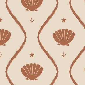 Seashells in the waves in moody earthy rust brown on cream - minimalist marine ogee pattern with vintage vibe for classic elegant kids room or grandmillennial interior