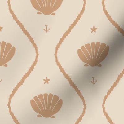 Seashells in the waves in moody earthy salmon pink on cream - minimalist marine ogee pattern with vintage vibe for classic elegant kids room, coastal chic or grandmillennial interior
