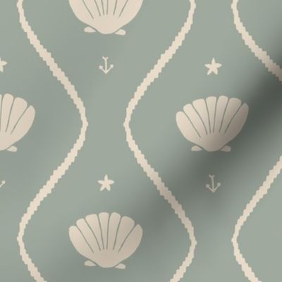 Seashells in the waves in cream on moody earthy sage green - minimalist marine ogee pattern with vintage vibe for classic elegant kids room, coastal chic or grandmillennial interior