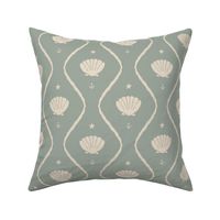 Seashells in the waves in cream on moody earthy sage green - minimalist marine ogee pattern with vintage vibe for classic elegant kids room, coastal chic or grandmillennial interior
