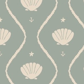 Seashells in the waves in cream on moody earthy sage green - minimalist marine ogee pattern with vintage vibe for classic elegant kids room, coastal chic or grandmillennial interior