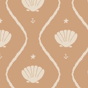 Seashells in the waves in cream on moody earthy salmon pink - minimalist marine ogee pattern with vintage vibe for classic elegant kids room or grandmillennial interior