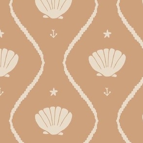 Seashells in the waves in cream on moody earthy salmon pink - minimalist marine ogee pattern with vintage vibe for classic elegant kids room, coastal chic or grandmillennial interior