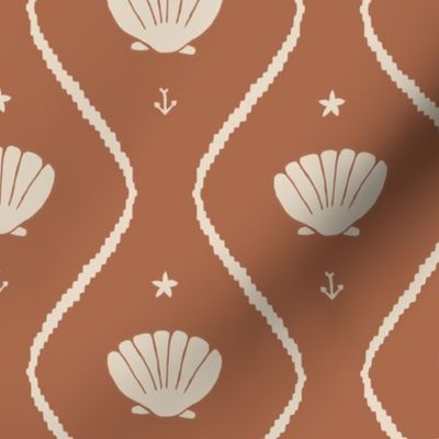 Seashells in the waves in cream on moody earthy rust brown - minimalist marine ogee pattern with vintage vibe for classic elegant kids room, coastal chic or grandmillennial interior