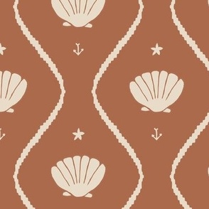 Seashells in the waves in cream on moody earthy rust brown - minimalist marine ogee pattern with vintage vibe for classic elegant kids room, coastal chic or grandmillennial interior