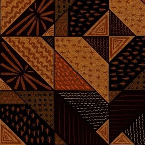 12” repeat  geometric faux woven texture abstract shapes with doodles faux patchwork quilt in rich earthly warm browns and dark cream and orange
