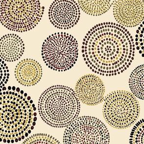 (Large) Boho Circles and Spirals Made of Brush Tips, Mustard Yellow, Black, Maroon and Brown