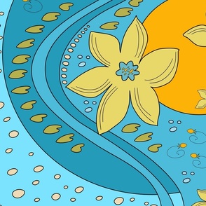 sun / yellow flowers / green lily pads / orange buds / on a blue background (big)