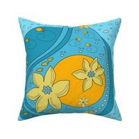 sun / yellow flowers / green lily pads / orange buds / on a blue background (medium)