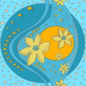 sun / yellow flowers / green lily pads / orange buds / on a blue background (medium)