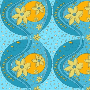 sun / yellow flowers / green lily pads / orange buds / on a blue background (small)