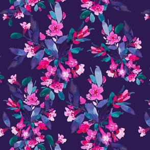 Ditsy fuchsia florals blue leaves