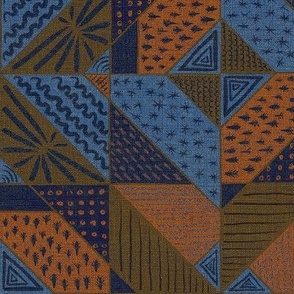 12”  repeat  geometric faux woven texture abstract shapes with doodles faux patchwork quilt in Navy, light blue, orange and earthy brown