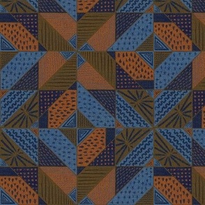 6” repeat  geometric faux woven texture abstract shapes with doodles faux patchwork quilt in Navy, light blue, orange and earthy brown