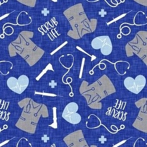 Scrub life - Nursing fabric - nurse scrubs, syringe, ekg, stethoscope, Otoscope - blue - LAD24