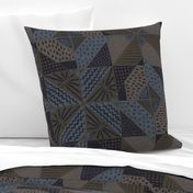 24” repeat  geometric faux woven texture abstract shapes with doodles faux patchwork quilt in Neutral beige, navy blues and greys