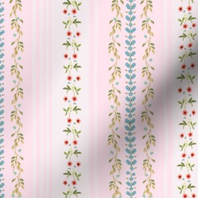 Exquisite Marie Antoinette Inspired Nostalgic Flower Bunches Garden: Antique Floral Stripes, Springflowers, Vintage Wallpaper light pink 