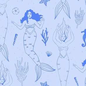 Fourth of July Mermaids in Blue Line Art on Light Blue