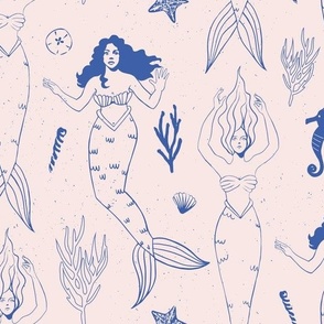 Fourth of July Mermaids in Dark Blue Line Art on Light Pink